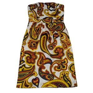 Banana Republic Strapless Paisley Print Dress White Yellow Brown Size 0